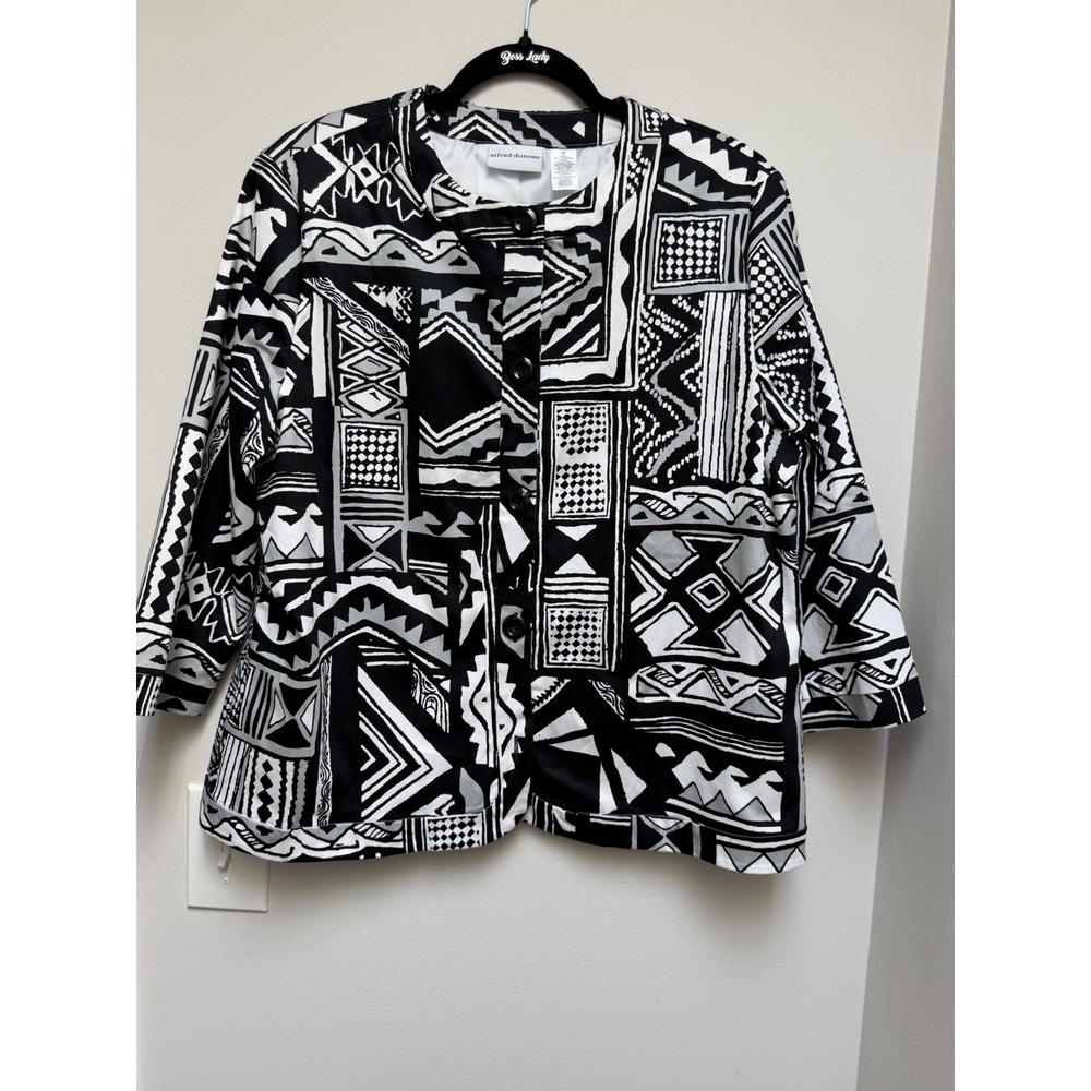 Alfred Dunner Black White Geometric Abstract Tribal Print Jacket 3/4 Sleeve